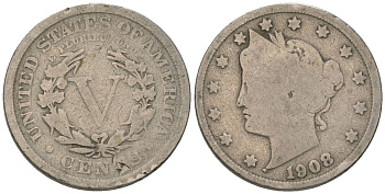 США 5 центов 1908 голова свободы KM 112 медно-никель 3336-226