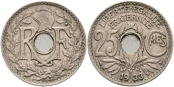 Франция 25 сантимов 1933 тип Линдауэр KM 867a, Le Franc 171 медно-никель 4584-441