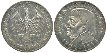 ФРГ 5 марок 1964 J, 150 лет со дня смерти Иоганна Готлиба Фихте J. 393, KM 118.1 серебро UNC 3896-1234