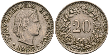 Швейцария 20 раппенов 1950 KM 29а медно-никель 55-545