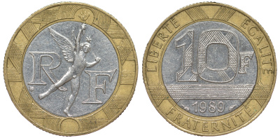 Франция 10 франков 1989 тип гений Бастилии KM 964.1, Le Franc 375.3 биметалл 45-616