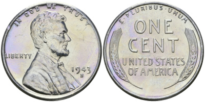 США 1 цент 1943 S (Сан-Франциско), Авраам Линкольн KM 132 a сталь плакированная цинком 96-1157