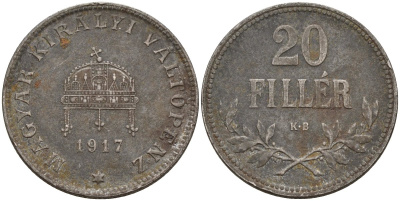 Венгрия 20 филлеров 1917 КВ, Карл I (1916-1918) KM 498 железо 4151-1017