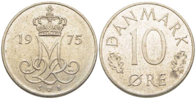 ДАНИЯ 10 ЭРЕ 1975 S; B, МАРГРЕТЕ II (1972-) KM 860.1 медно-никель 116-244
