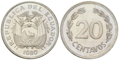 Эквадор 20 сентаво 1980 KM 77.2a сталь плакированная никелем aUNC 4611-719