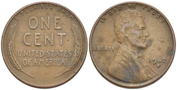 США 1 ЦЕНТ 1942 D, ЛИНКОЛЬН KM 132 бронза 218-426