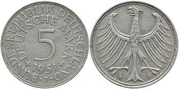 ФРГ 5 марок 1951 J (Гамбург), J. 387, KM 112.1 серебро 1526-113