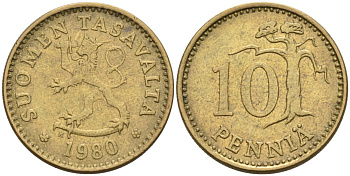 ФИНЛЯНДИЯ 10 ПЕННИ 1980 K KM 46 алюминиевая бронза 192-1045