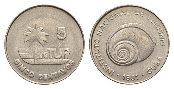 Куба 5 сентаво 1981 туристические деньги, INTUR, толстая 5 KM 412.1 медно-никель UNC 4636-664