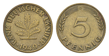 ФРГ 5 пфеннигов 1949 D KM 102, J. 377 сталь плакированная латунью 4618-1031