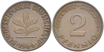 ФРГ 2 пфеннига 1966 F KM 106, J. 381 бронза 4181-748