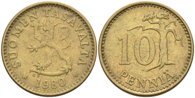 ФИНЛЯНДИЯ 10 ПЕННИ 1980 K KM 46 алюминиевая бронза 192-1045