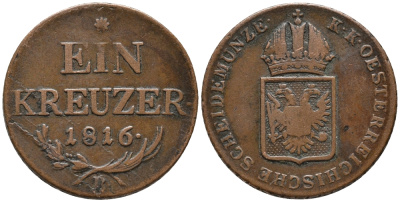 АВСТРИЯ 1 КРЕЙЦЕР 1816 В, ФРАНЦ II (1792-1835) KM 2113 медь 34-1143