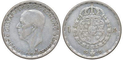 Швеция 1 крона 1949 TS, Густав VI Адольф (1950-1973) KM 814 серебро 4178-724