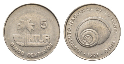 Куба 5 сентаво 1981 туристические деньги, INTUR, толстая 5 KM 412.1 медно-никель UNC 4636-664