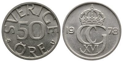 Швеция 50 эре 1978 U, Карл XVI Густав (1973- ) KM 855 медно-никель 89-1646