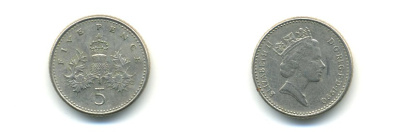 Великобритания 5 пенсов 1990 Елизавета II (1952-2022) KM 937b, Spink 4372 (D4) медно-никель 59-615