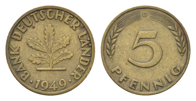 ФРГ 5 пфеннигов 1949 D KM 102, J. 377 сталь плакированная латунью 4618-1031