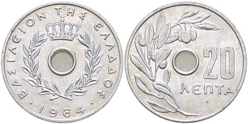 Греция 20 лепта 1964 Павел I (1947-1964), оливковая ветвь KM 79 алюминий 4182-1113