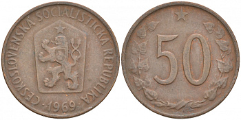 ЧЕХОСЛОВАКИЯ 50 ГЕЛЛЕРОВ 1969 СОЦИАЛИСТИЧЕСКАЯ РЕСПУБЛИКА KM 55.1 бронза 186-117