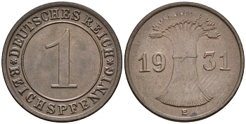 Германия 1 рейхспфенниг 1931 E KM 37, J.313, Weege 2 медь 4585-623