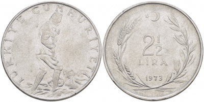 ТУРЦИЯ 2 1/2 ЛИРЫ 1973 KM 893.2 сталь 4179-115