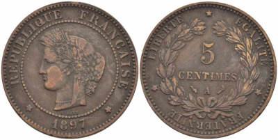 ФРАНЦИЯ 5 САНТИМОВ 1897 A, ТРЕТЬЯ РЕСПУБЛИКА (1871-1940) KM 821.1, LE FRANC 118.41 бронза 108-752