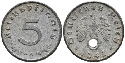 ГЕРМАНИЯ 5 РЕЙХСПФЕННИГОВ 1942 A, KM 100, J. 370 цинк 4525-1156