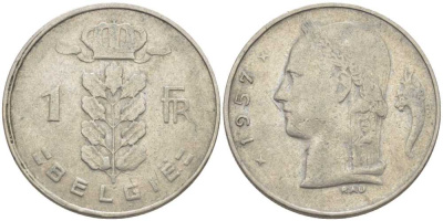 БЕЛЬГИЯ 1 ФРАНК 1957 BELGIE, БОДУЭН I (1951-1993) KM 143.1 медно-никель 119-544