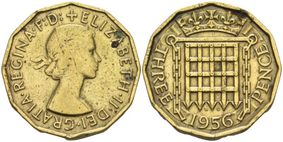 Великобритания 3 пенса 1956 Елизавета II (1952-2022) KM 900, Spink 4153 никель латунь 4591-1036