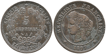 ФРАНЦИЯ 5 САНТИМОВ 1897 A, ТРЕТЬЯ РЕСПУБЛИКА (1871-1940) KM 821.1, LE FRANC 118.41 бронза 34-414