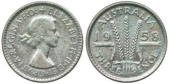 Австралия 3 пенса 1958 m, Елизавета II (1952-2022) KM 57 серебро 71-554