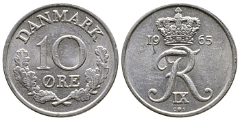 Дания 10 эре 1965 C;S, Фредерик IX (1947-1972) КМ 849.1 медно-никель 26-919