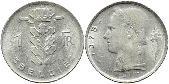 Бельгия 1 франк 1975 Belgie, Бодуэн I (1951-1993) KM 143.1 медно-никель 4381-552