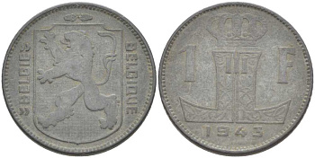 БЕЛЬГИЯ 1 ФРАНК 1943 BELGIE-BELGIQUE, ЛЕОПОЛЬД II (1934-1950), ГЕРМАНСКАЯ ОККУПАЦИЯ, ВТОРАЯ МИРОВАЯ ВОЙНА KM 128 цинк 202-936