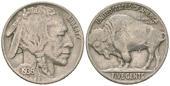 США 5 центов 1936 индеец, бизон KM 134 медно-никель 4614-1236