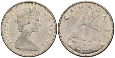 Канада 10 центов 1968 Елизавета II (1952-2022), парусник KM 73 никель 4189-917
