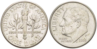 США 10 ЦЕНТОВ = 1 ДАЙМ 2010 Р, РУЗВЕЛЬТ KM 195а медь плакированная медно-никелем 211-1147