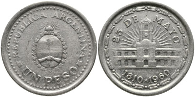 Аргентина 1 песо 1960 150 лет свержения Испанского вице-короля (1810-1960) KM 58 сталь плакированная никелем 3336-737