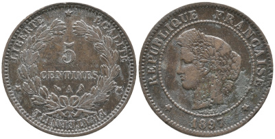 ФРАНЦИЯ 5 САНТИМОВ 1897 A, ТРЕТЬЯ РЕСПУБЛИКА (1871-1940) KM 821.1, LE FRANC 118.41 бронза 34-414