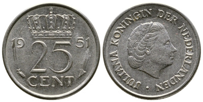 Нидерланды 25 центов 1951 Юлиана (1949-1980) KM 183 никель 261-613