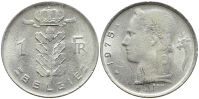 Бельгия 1 франк 1975 Belgie, Бодуэн I (1951-1993) KM 143.1 медно-никель 4381-552