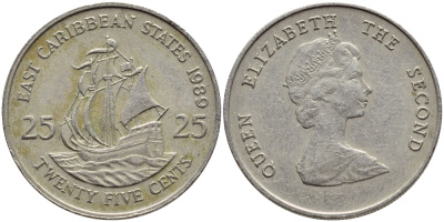 Восточно-Карибские штаты 25 центов 1989 Елизавета II (1952-2022), парусник KM 14 медно-никель 87-946