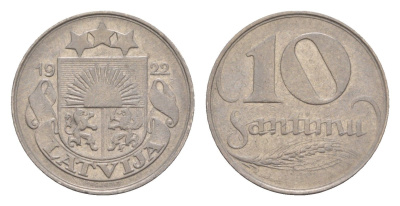 Латвия 10 сантимов 1922 год-тип KM 4 никель 4658-1238