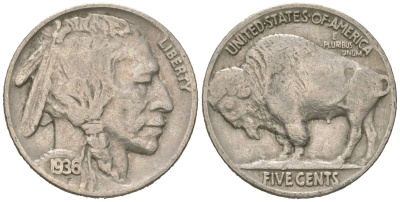 США 5 центов 1936 индеец, бизон KM 134 медно-никель 4614-1236