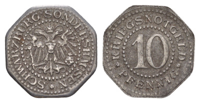 Шварцбург-Зондерсгаузен 10 пфеннигов ND (1918) Funck 489.1, Men05 23049.1, Men18 28863.1 железо 4636-1119