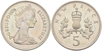 Великобритания 5 пенсов 1979 Елизавета II (1952-2022) KM 911, Spink 4233 (D1) медно-никель 4592-436