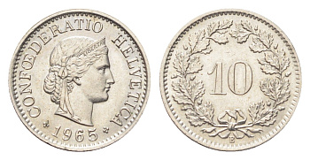 Швейцария 10 раппенов 1965 B KM 27 медно-никель 4705-859