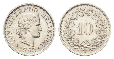 Швейцария 10 раппенов 1965 B KM 27 медно-никель 4705-859
