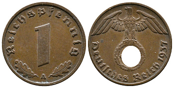 Германия 1 рейхспфенниг 1937 A KM 89, J. 361 бронза 220-169